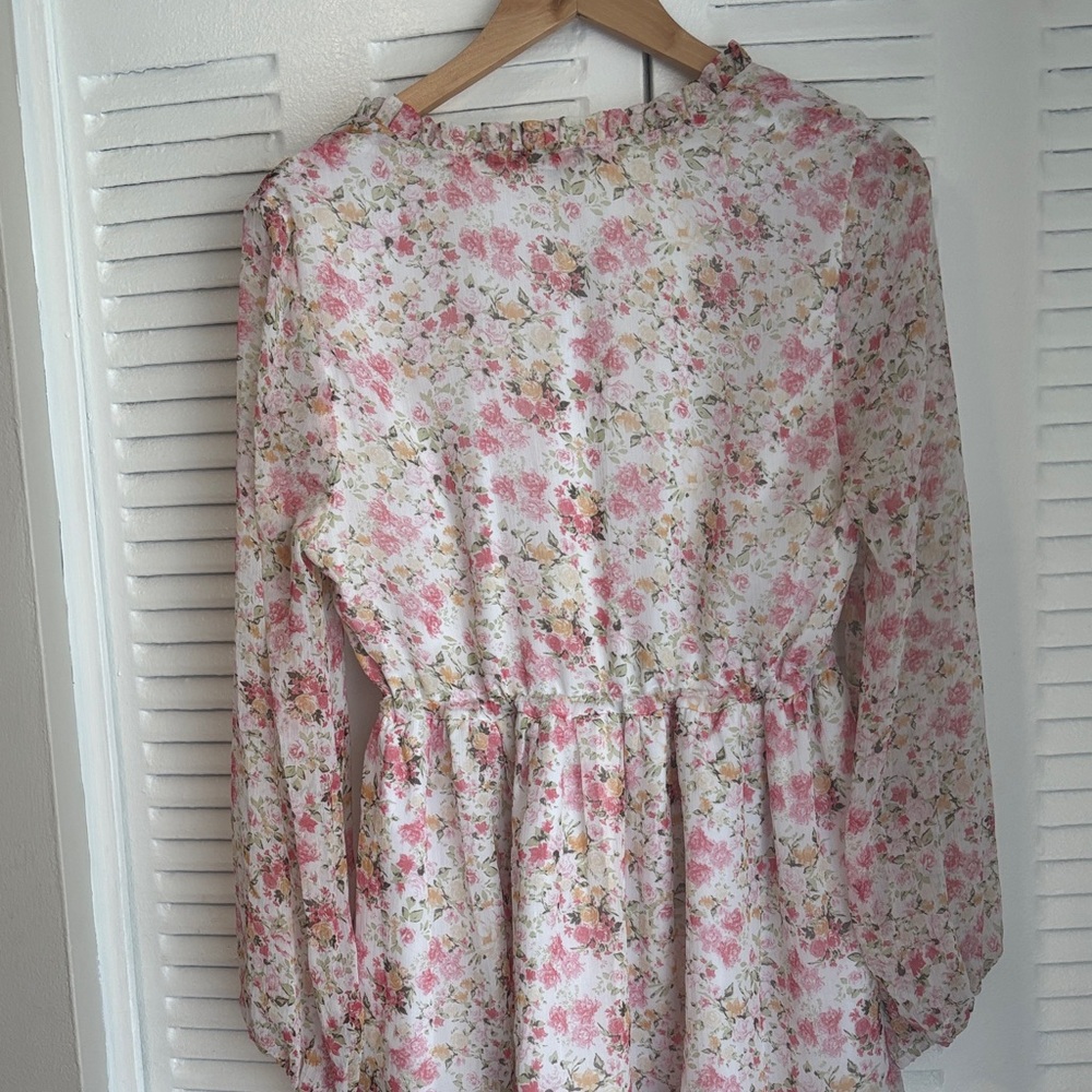 Lucky Brand Floral Mini Dress Size M Boho Chic Long Sleeve Romantic - Picture 7 of 10
